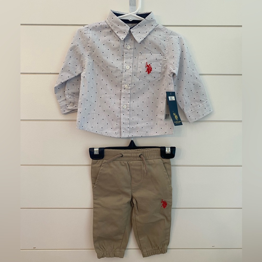 U.S. Polo Assn. Baby Boy 2 Piece Button Down Shirt and Khaki Jogger Pants 12M
